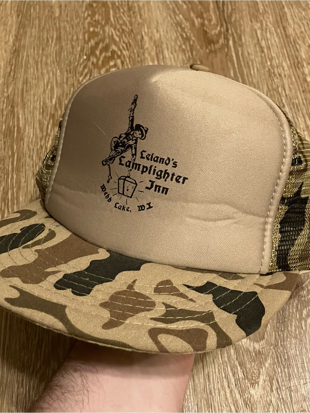 Camouflage trucker cap with adjustable strap Lelands Lamplighter Inn #80s #90s